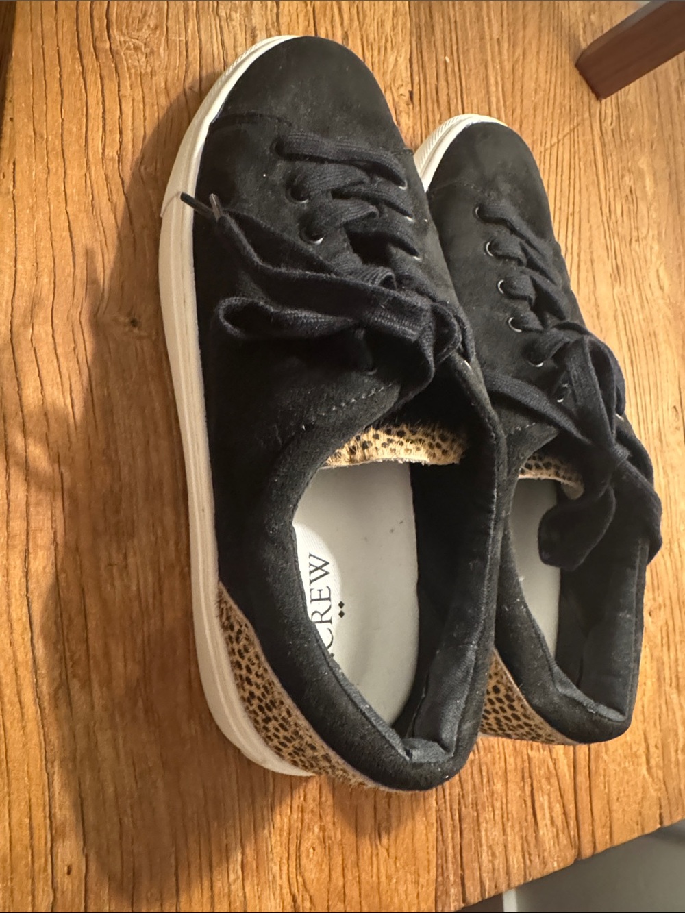 J. Crew Black Suede Sneakers with Leopard Heel Accent